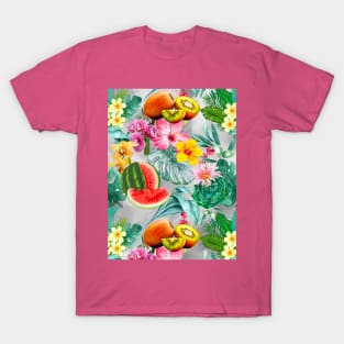 Vibrant tropical leaves pattern, watermelon illustration, tropical plants, grey colorful tropical fruits T-Shirt